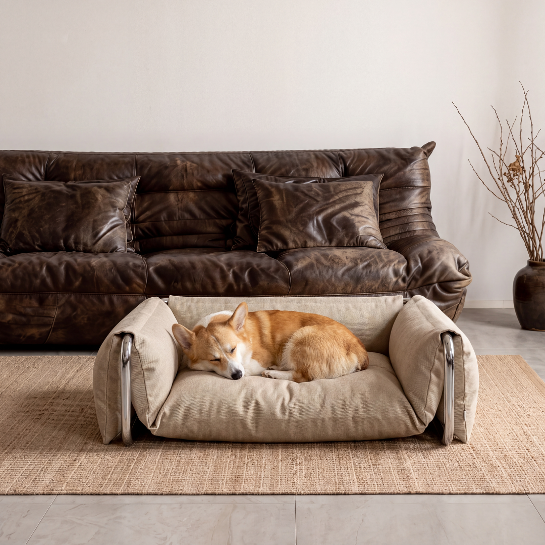 A Corgi resting in the Omaia bed in front of a leather sofa