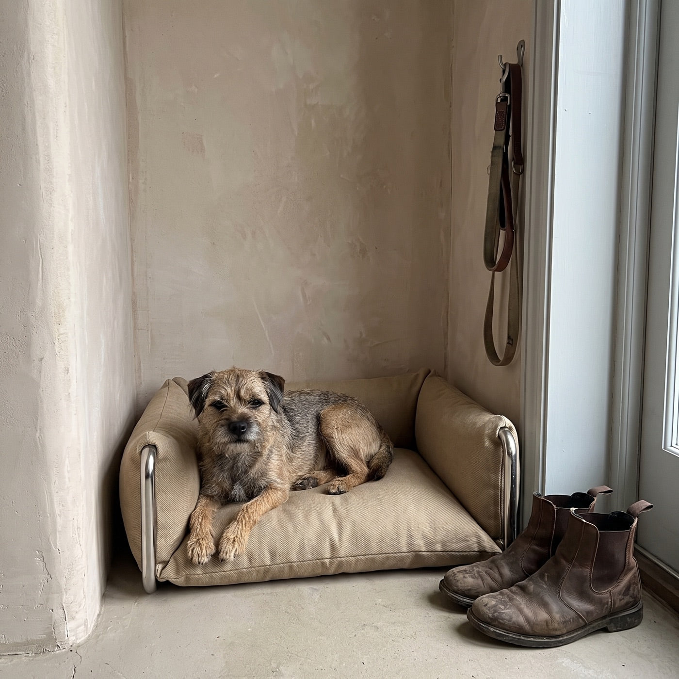 A border terrier in the Omaia bed in a hallway next to a pair of boots